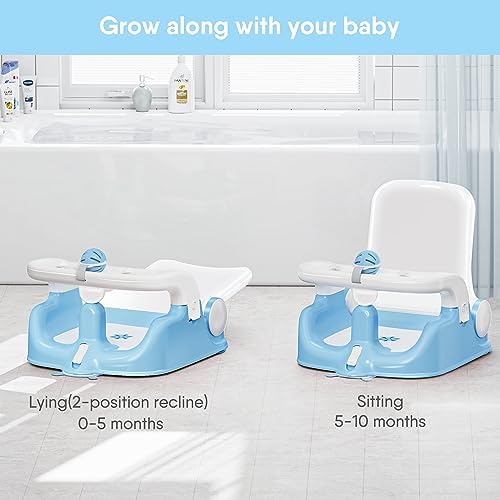 BabyBond Baby Bath Seat with Sitting & Lying 2 Modes, 3-Speed Adjustment, 3 Pcs Bath Toys, Infant Bathtub Chair with Powerful Suction Cups (Blue) BabyBond