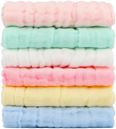 Orighty Muslin Baby Washcloths Pack of 6 - Soft Face Cloths for Newborn, Absorbent Baby Bath and Face Towels, 100% Cotton Baby Wipes, Burp Cloths, Feeding Towels for Babies and Infants - 10 x 10’’ Orighty