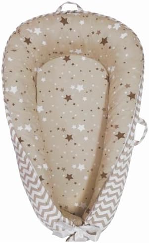 Baby Nest, Baby Lounger, Organic Cotton Lounger for Baby, Reversible Breathable Adjustable Portable - Star Collection (White/Tan) Aila+Aiden