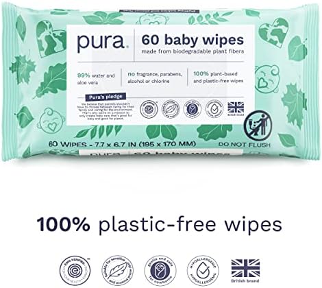 Детская влажная салфетка Pura Baby Wipes - 100% без пластика и на растительной основе, 99% воды, подходит для чувствительной и склонной к экземе кожи, без запаха и гипоаллергенная, без жестокости, EWG Verified, 1 упаковка из 60 влажных салфеток Pura