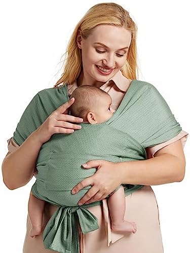 Momcozy Adjustable Buckle Baby Wrap Carrier Cooling Air-Mesh, Easy to Wear Baby Carrier Sling, Baby Carriers Newborn to Toddler 8-35lbs, Suit for Waist 27-47inch,Grey Green Momcozy