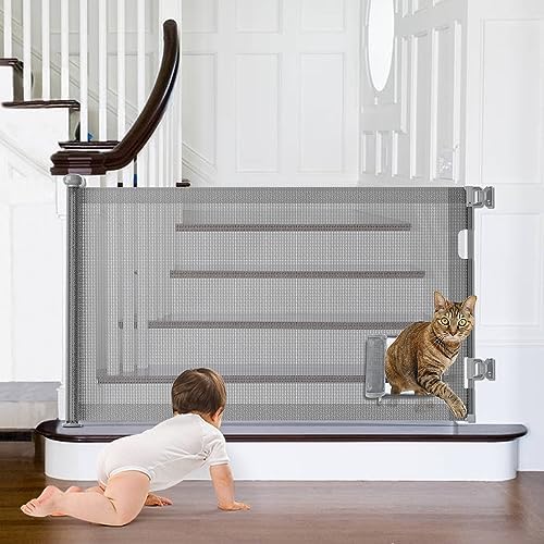 Retractable Baby Gates, Pet Gate with Cat Door - 33" Tall, Extends to 55" Wide Dog Gate for Stairs, Mesh Baby Gate with Door for Cats/Small Dogs, Easy Install for Doorways, Indoor &Outdoor GROWNSY