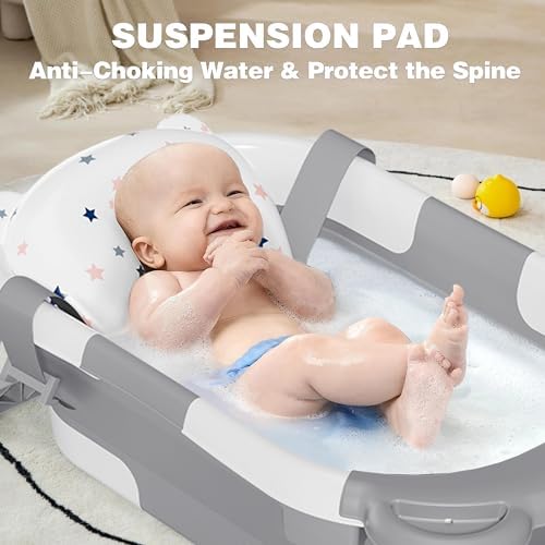 MoreFeel Collapsible Baby Bathtub for Newborn with Thermometer & 1 Soft Floating Cushion,Portable Travel Bathtub with Drain Hole, Durable Foldable Baby Tubs for Infants to Toddler MoreFeel