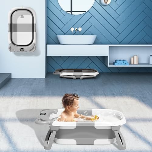 Collapsible Baby Bathtub for Newborn with Thermometer & 1 Soft Floating Cushion,Portable Travel Bathtub with Drain Hole, Durable Foldable Baby Tubs for Infants to Toddler MoreFeel