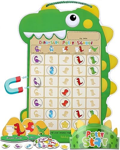 Potty Training Chart for Toddlers Boys & Girls - A Dinosaur Potty Chart with 35 Reusable Magnetic Dinosaur & Star Stickers for Kids Potty Training Reward, 3 Instruction Steps & Crown (Dinosaurs Theme) Babebay