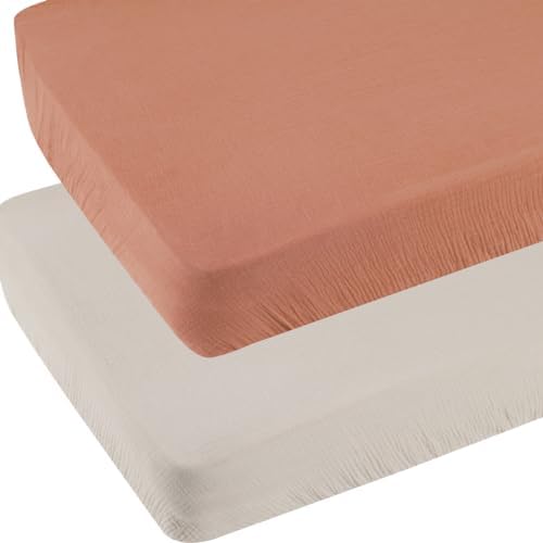 Muslin Pack and Play Sheets Fitted Compatible with Graco Pack n Play Playard Crib and Other 27 x 39 Inch 24 x 38 Playpen/Mini Crib Mattress Soft 100% Cotton Beige & Blush Knlpruhk