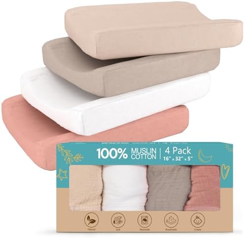 100% Muslin Changing Pad Cover Pack of 4-32x16 Ultra Soft 120GSM Baby Changing Pad Covers for Girls and Boys - Easy wash Diaper Changing pad Cover with Low Shrinkage CrimsonMark