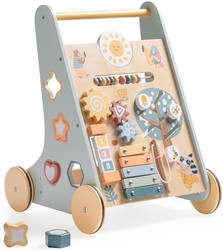 ROBUD Wooden Baby Walker, Baby Push Walker with Activity Center and Storage for Boys and Girls Learning to Stand and Walk ROBUD