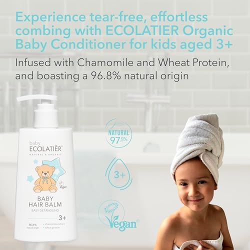 Baby Hair Balm & Conditioner - 96.8% natural ingredients - for Easy Detangling - 250ml - With Chamomile & Wheat Protein, 3+, Vegan Baby Conditioner - Softens and Nourishes Delicate Hair - 8.5 Fl Oz ECOLATIÈR