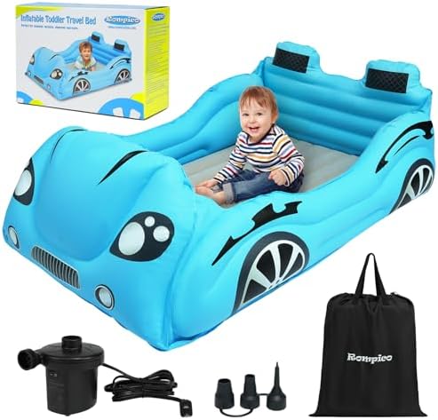 Inflatable Toddler Travel Bed with Safety Bumper,Portable Racecar Toddler Bed Air Mattress with 4 Sides for Kids, Ideal for Vacation,Camping and Sleepover,Electric Pump Included(Regular, Blue) ROMPICO