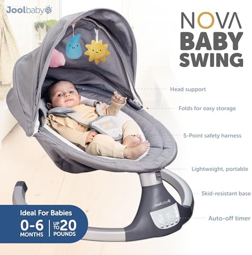 Nova Baby Swing for Newborns - Electric Motorized Infant Swing, Bluetooth Music, 10 Preset Melodies, Remote (2024 Model) - Jool Baby (Gray) Jool Baby Products