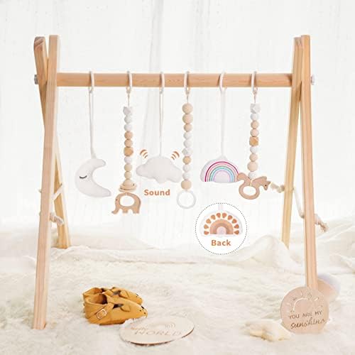 Foldable Baby Play Gym with Mat, Wooden Play Gym with 9 Sensory Toys, Frame Activity Center, Natural Pine Wood, Montessori Toys, Easy to Assemble & Clean, Natural Color Little dove