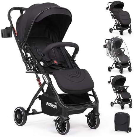 Baby Stroller, Lightweight Stroller w/Snack Tray, Footmuff, Raincover, Cup Holder & Travelbag, Travel Stroller w/All-Scene Suspension System, Infant Stroller Large Basket 7-18 Months (Black) BIUSIKAN