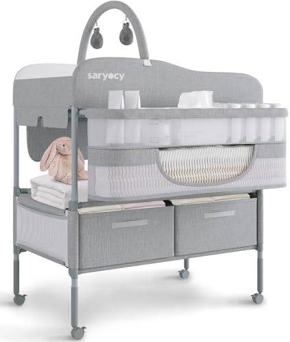 Baby Changing Table, Versatile Folding Changing Table, Waterproof Diaper Changing Station, Adjustable Height with 2 Drawers,Baby Changing Station, Mobile Nursery for Infant and Newborn Saryocy