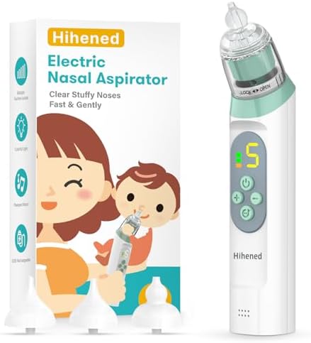 Electric Nasal Aspirator for Baby, Nose Aspirator for Toddlers, Waterproof Baby Nose Sucker, Nose Cleaner with 3 Silicone Tips, Adjustable Suction Level, Music and Light Soothing Function,Green Hihened