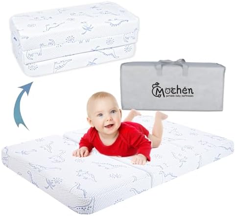 Mochen Trifold Pack and Play Mattress, 38x26 inch Dual-Sided Memory Foam Pack n Play Mattresses for Baby Toddlers, Portable Travel Crib Mattresses with Removable Dinosaurs Cover & Carry Bag Mochen