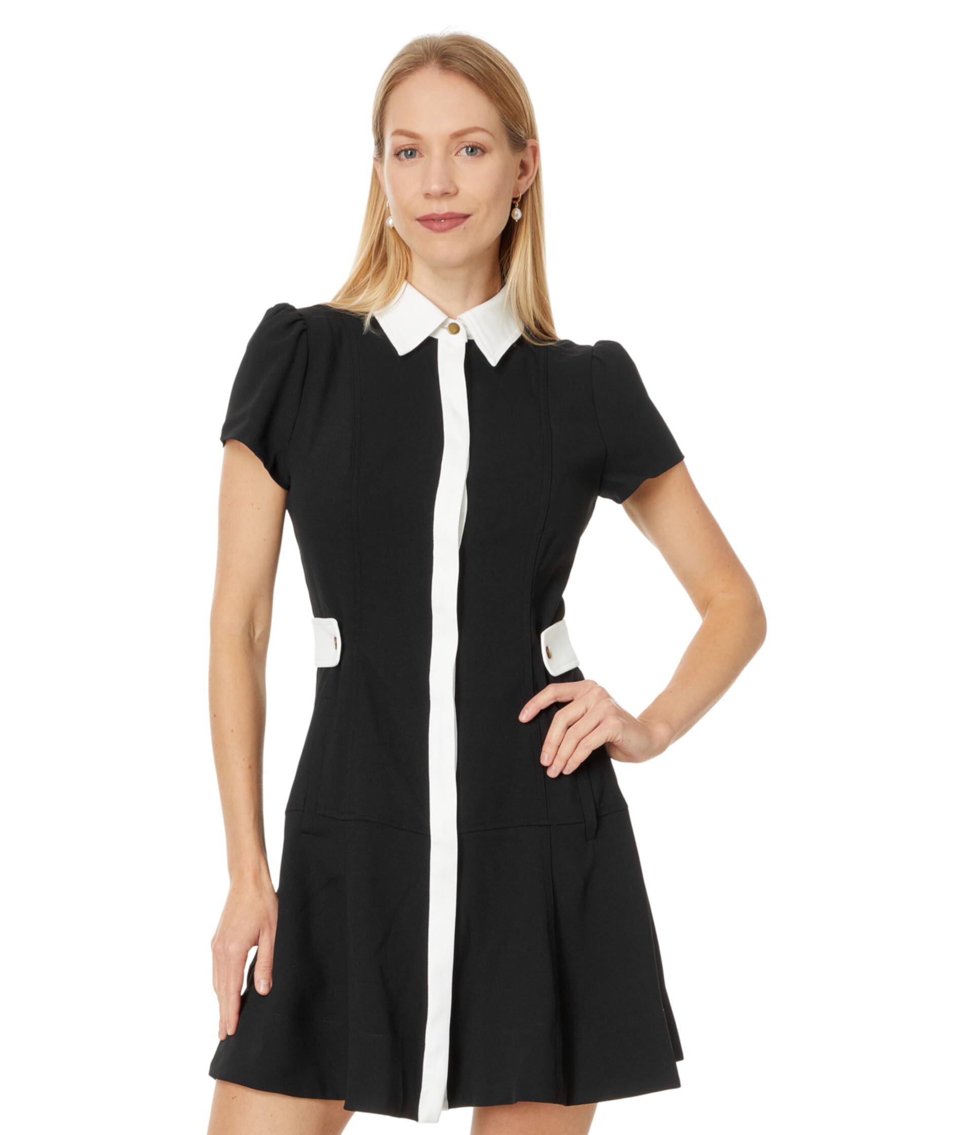 Collared Short Fit & Flare Dress W/ Waist Tabs CeCe