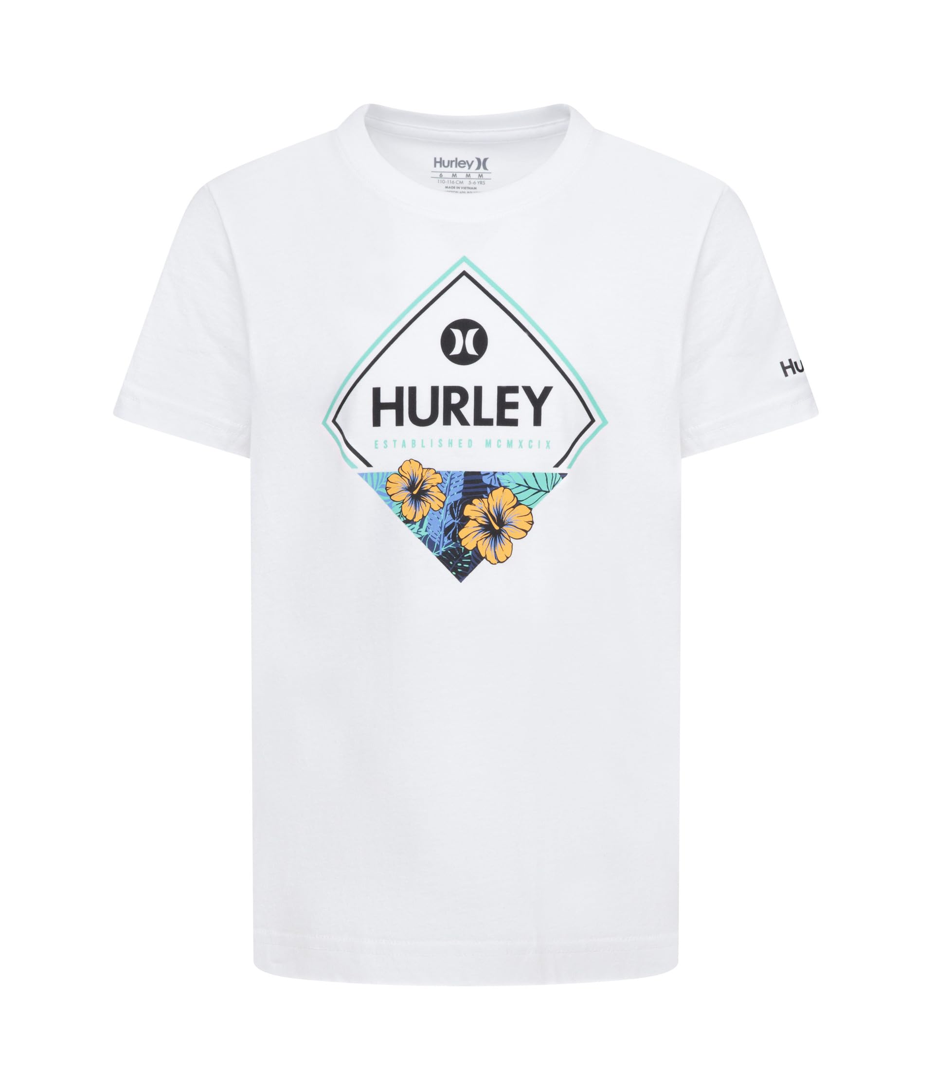 Детская футболка Hurley с цветочным узором и короткими рукавами, мягкий джерси, 60% хлопок, 40% полиэстер Hurley