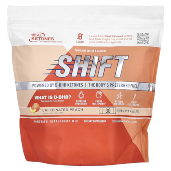 Shift, Caffeinated Peach, 30 Drink Mix Packets (Пакеты ), 0.24 oz (Унции) (6.9 g) Each Real Ketones