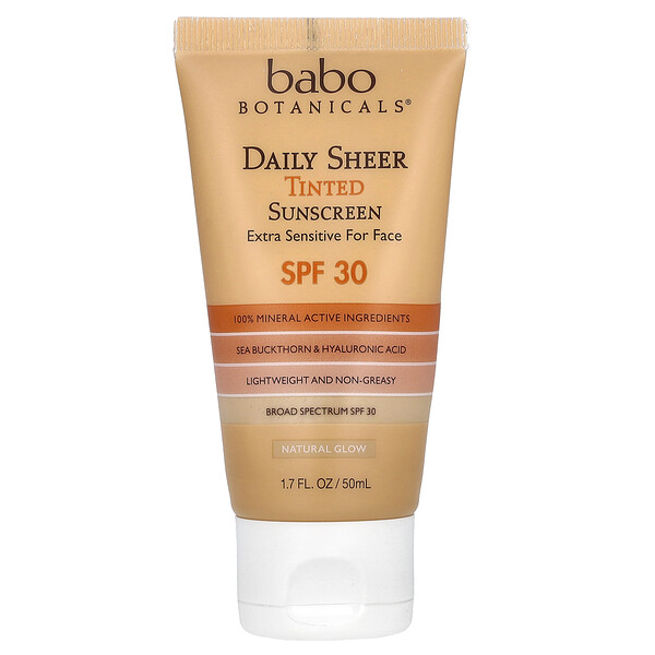 Daily Sheer Tinted Sunscreen, SPF 30, Natural Glow, Fragrance Free, 1.7 fl oz (50 ml) Babo Botanicals