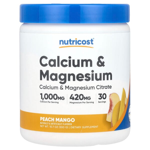 Calcium & Magnesium, Peach Mango, 10.7 oz (Унции) (300 g) Nutricost