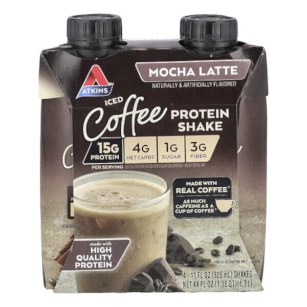 Iced Coffee Protein Shake, Mocha Latte, 4 Shakes, 11 fl oz (Жидкие унции) (325 ml) Each Atkins