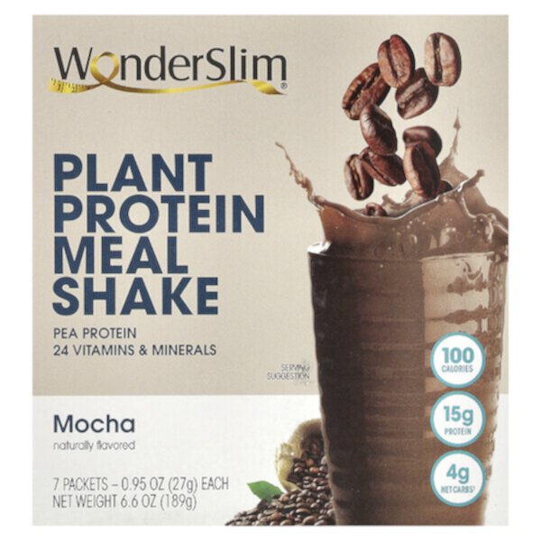 Plant Protein Meal Shake, Mocha, 7 Packets (Пакеты ), 0.95 oz (Унции) (27 g) Each WonderSlim