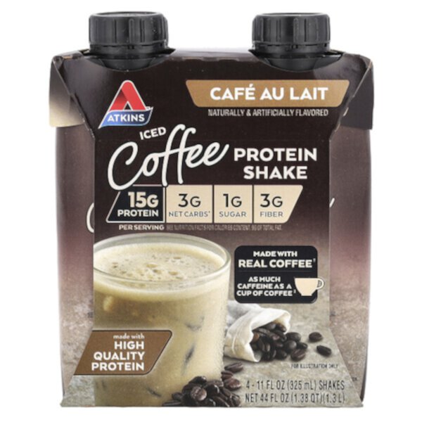 Iced Coffee Protein Shake, Cafe Au Lait, 4 Shakes, 11 fl oz (Жидкие унции) (325 ml) Each Atkins