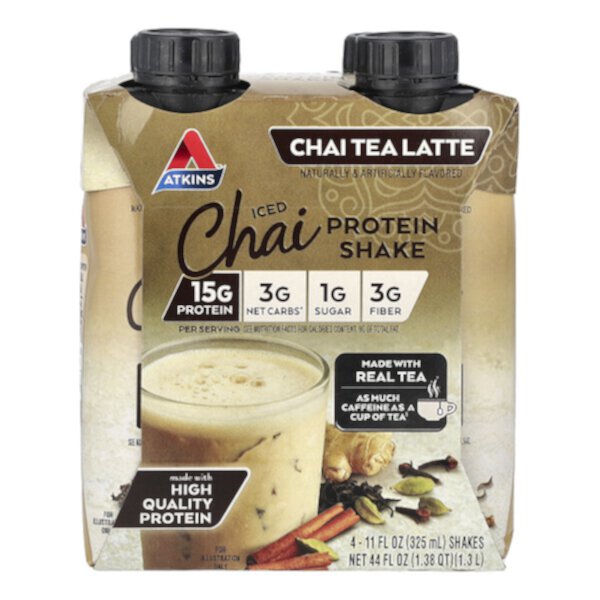 Iced Tea Latte Protein Shake, Chai, 4 Shakes, 11 fl oz (Жидкие унции) (325 ml) Each Atkins