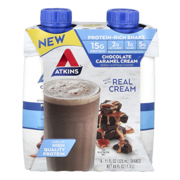 Protein-Rich Shake, Chocolate Caramel Cream (Крем), 4 Shakes, 11 fl oz (Жидкие унции) (325 ml) Each Atkins