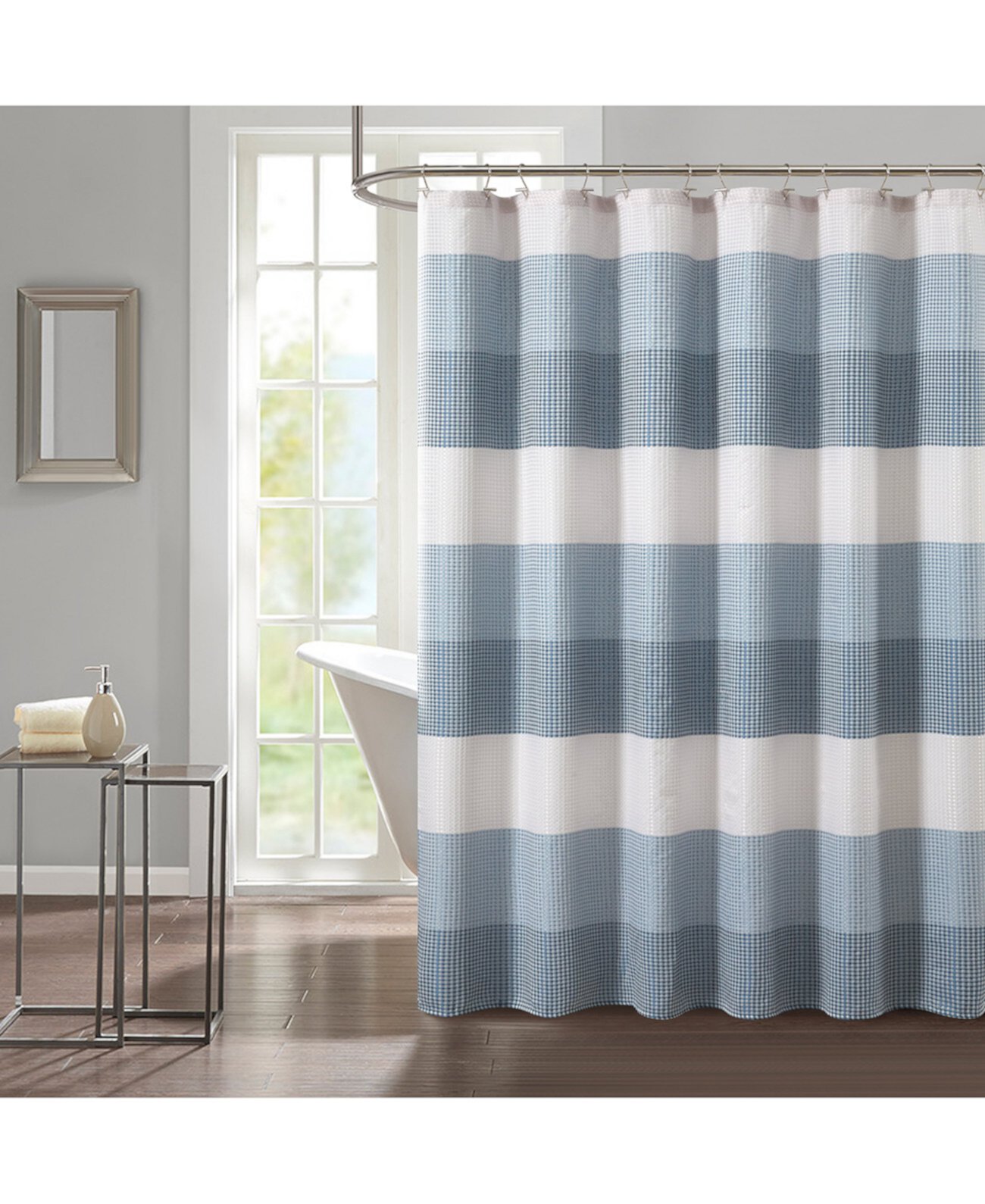 Blue Waffle Color Block Texture 14 Pc Shower Curtain Set Style Nest