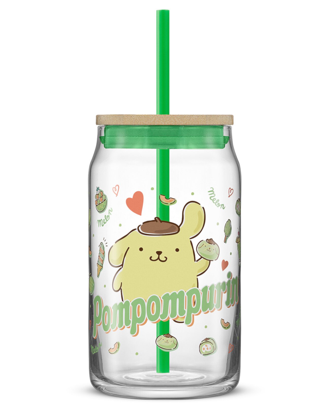 Hello Kitty and Friends Favorite Flavor Pompompurin Can Shaped Glass Tumbler with Wood Lid and Straw JoyJolt