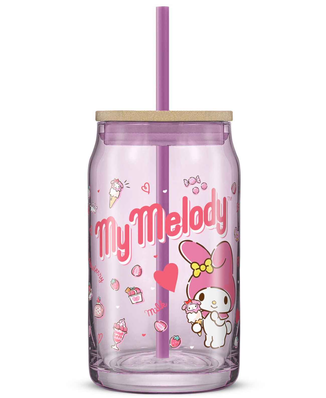 Hello Kitty and Friends Favorite Flavor My Melody Can Shaped Glass Tumbler with Wood Lid and Straw JoyJolt