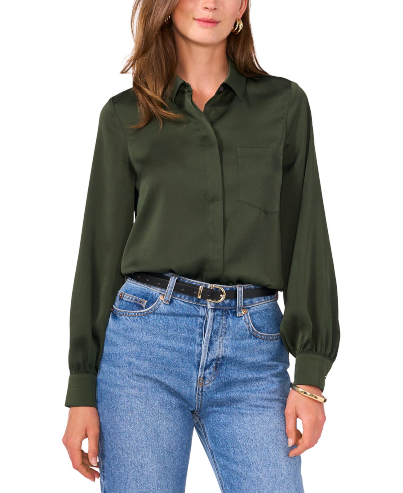 Women's Long-Sleeve Satin Button-Front Top Vince Camuto