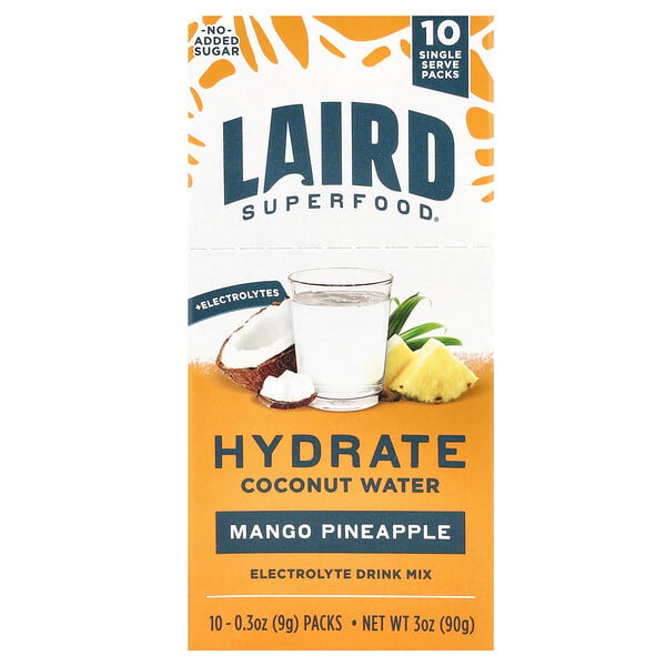 Hydrate Coconut Water, Electrolyte Drink Mix, Mango Pineapple, 10 Single Serve Packs, 0.3 oz (Унции) (9 g) Each Laird Superfood