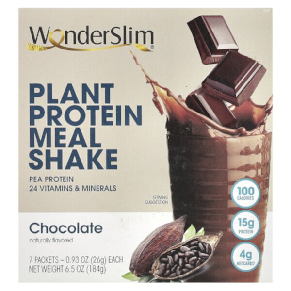 Plant Protein Meal Shake, Chocolate, 7 Packets (Пакеты ), 0.93 oz (Унции) (26 g) Each WonderSlim