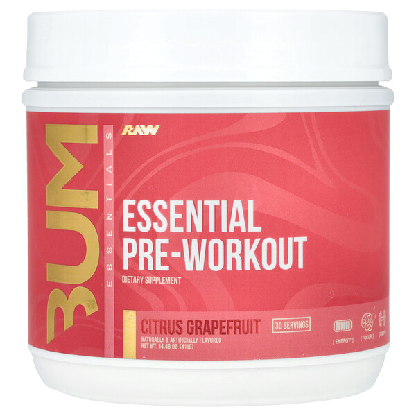 Bum Essentials, Essential Pre-Workout, Citrus Grapefruit , 14.49 oz (Унции) (411 g) Raw Nutrition