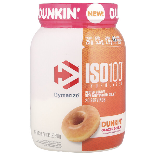 ISO100® Hydrolyzed, 100% Whey Protein Isolate, Dunkin® Glazed Donut, 1.34 lb (Фунты) (610 g) Dymatize