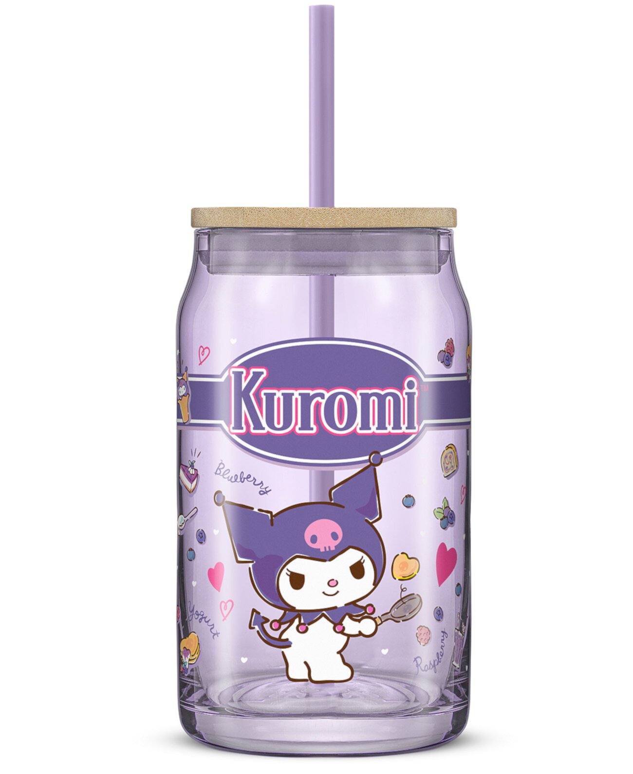 Hello Kitty and Friends Favorite Flavor Kuromi Can Shaped Glass Tumbler with Wood Lid and Straw JoyJolt