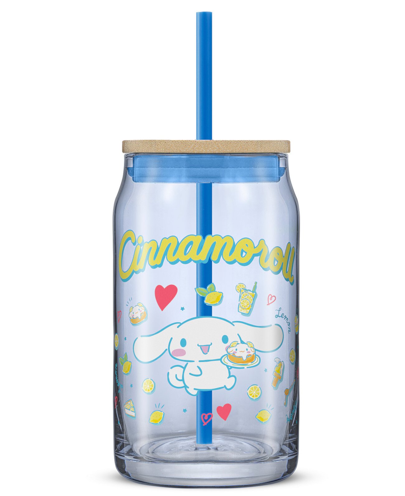 Hello Kitty and Friends Favorite Flavor Cinnamoroll Can Shaped Glass Tumbler with Wood Lid and Straw JoyJolt