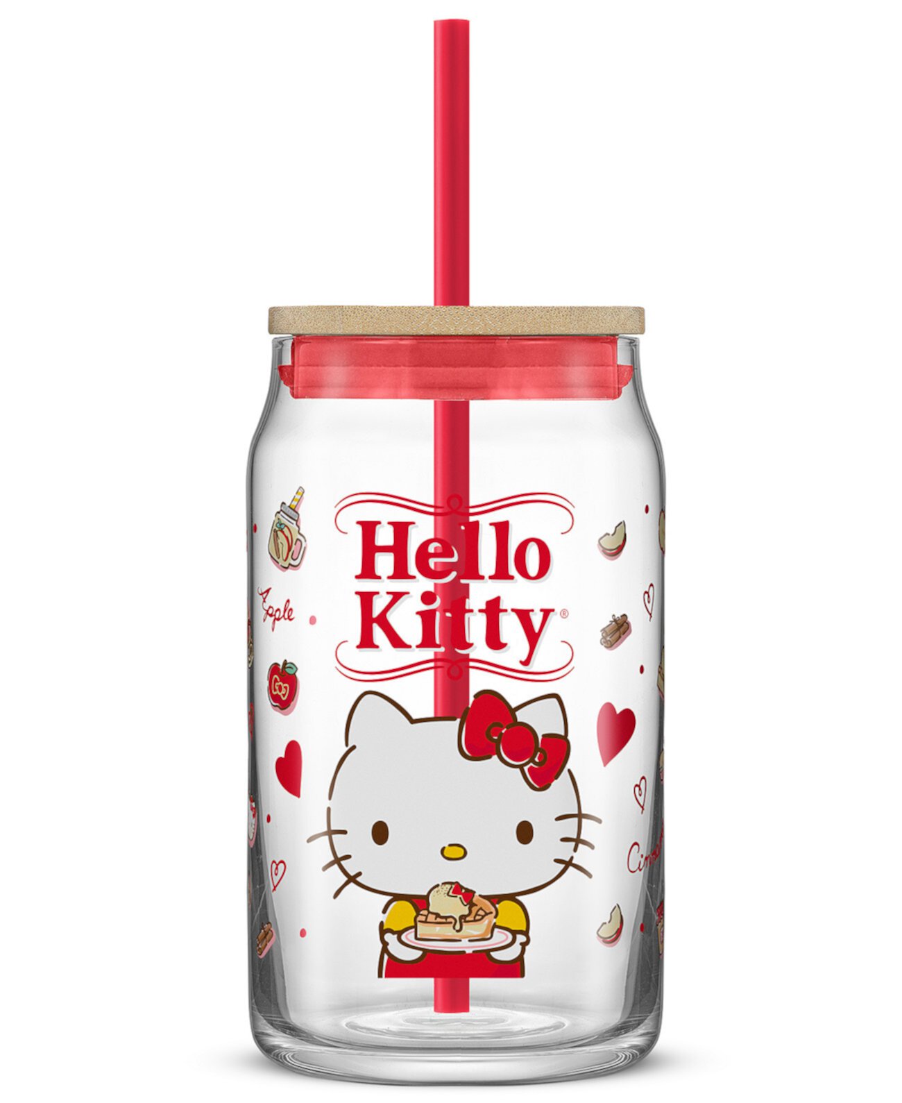 Hello Kitty and Friends Favorite Flavor Hello Kitty Can Shaped Glass Tumbler with Wood Lid and Straw JoyJolt