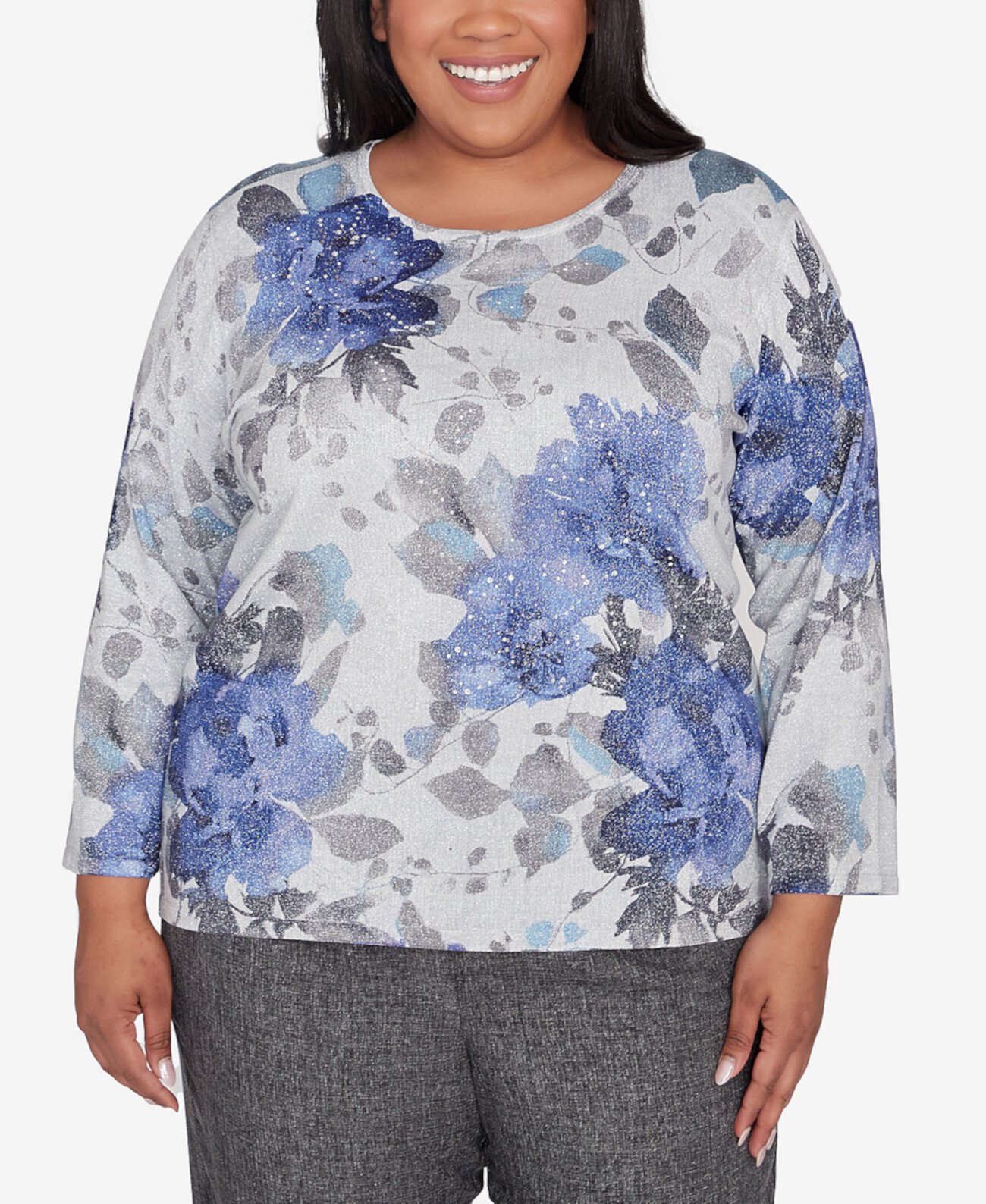 Женский Пуловер Alfred Dunner Plus Size Worth Avenue Watercolor Floral Shimmer Crew Neck Alfred Dunner