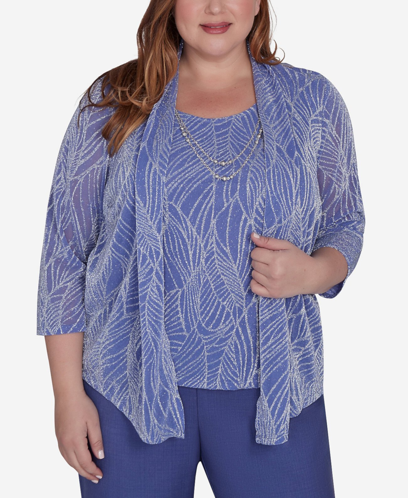 Женская Блузка Alfred Dunner Plus Size Shimmer Leaf Two in One Top с Отстегивающимся Ожерельем Alfred Dunner