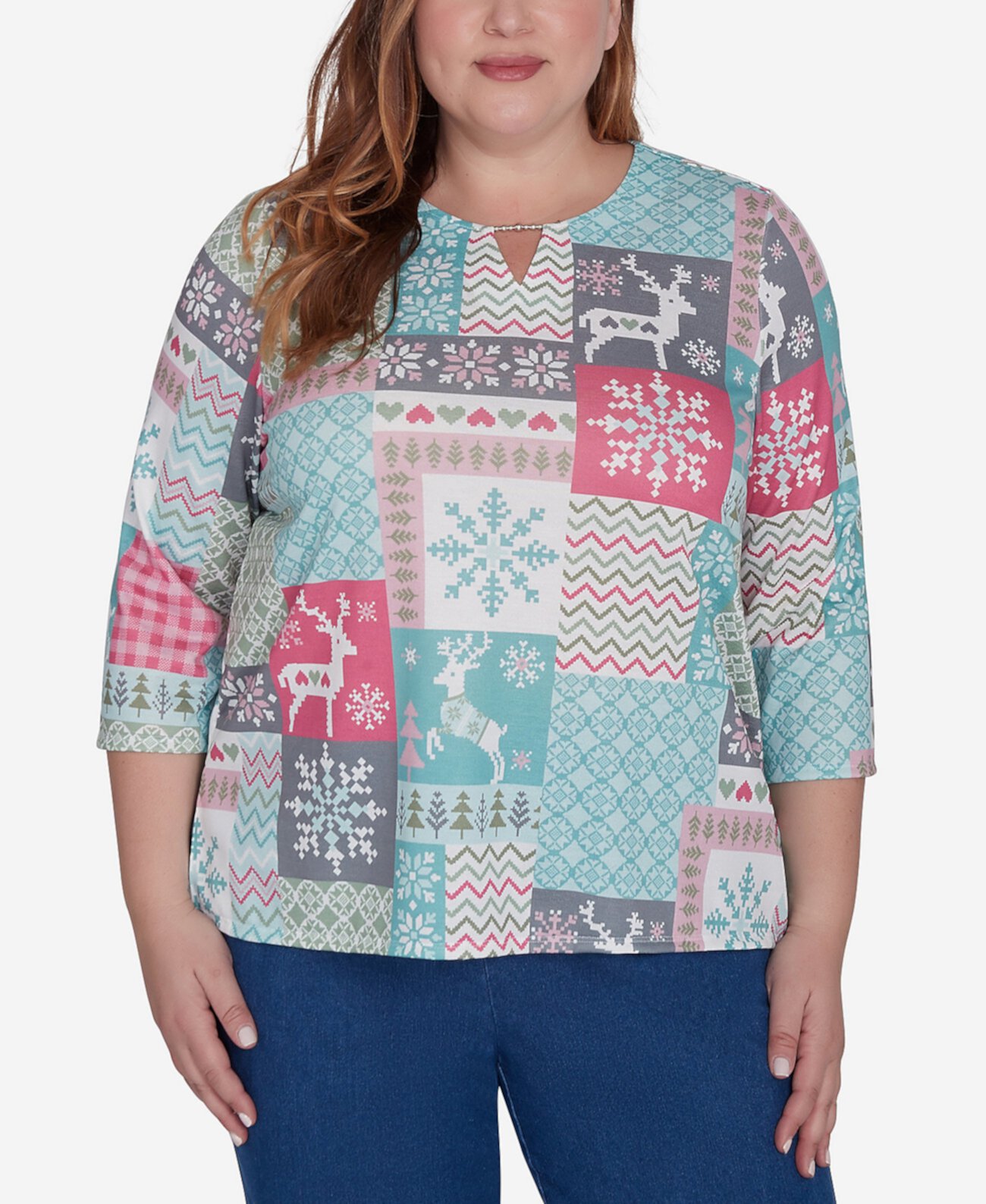 Женская Блузка Alfred Dunner Plus Size Classic Reindeer Patch Work Top Alfred Dunner