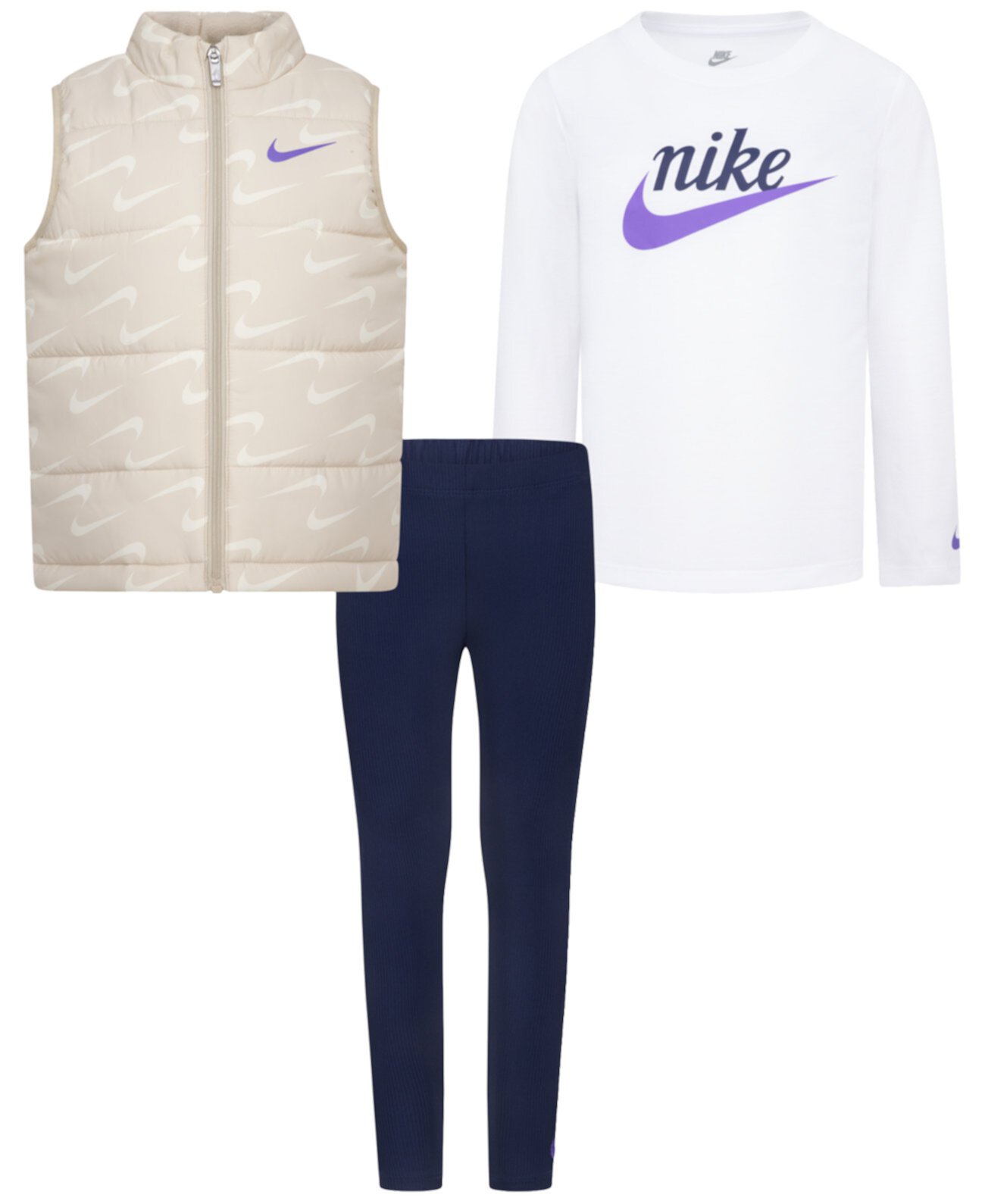 Детские комплекты одежды Nike Little Girls New Impressions Vest, Logo T-Shirt & Ribbed Leggings, 3 Piece Set Nike