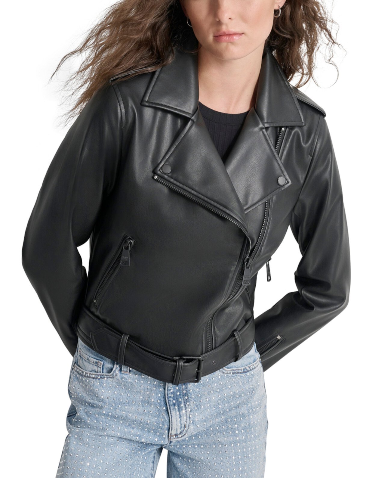 Женская Кожаная куртка и косуха DKNY Petite Faux-Leather Belted-Hem Moto Jacket DKNY