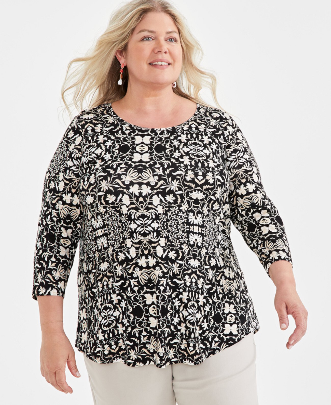 Plus Size Printed 3/4-Sleeve Top, Created for Macy's J&M Collection