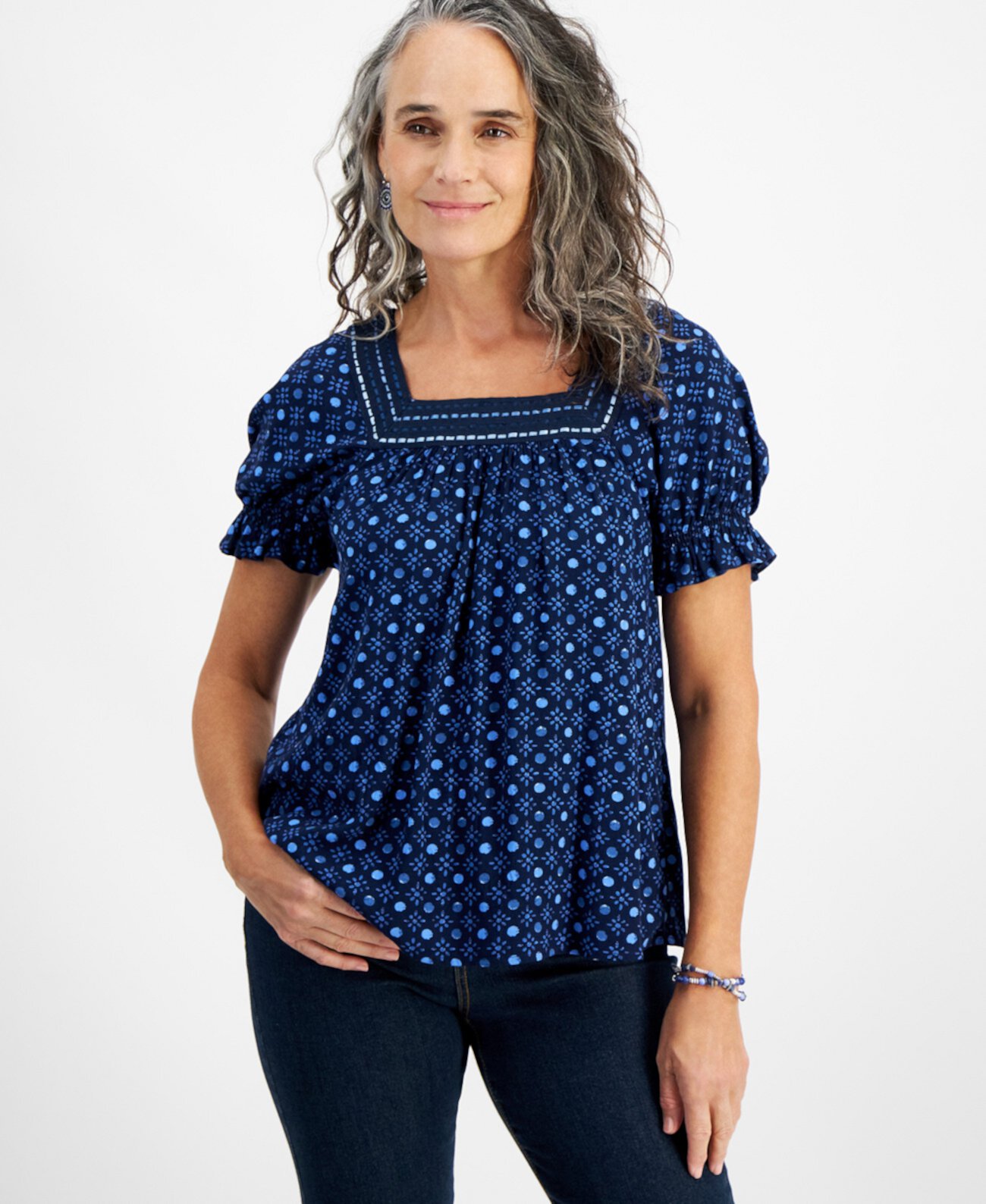 Women's Crochet-Square-Neck Short-Sleeve Top, Created for Macy's Style & Co