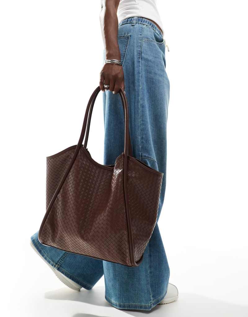 ASOS DESIGN woven look tubular tote bag in chocolate brown Asos Design