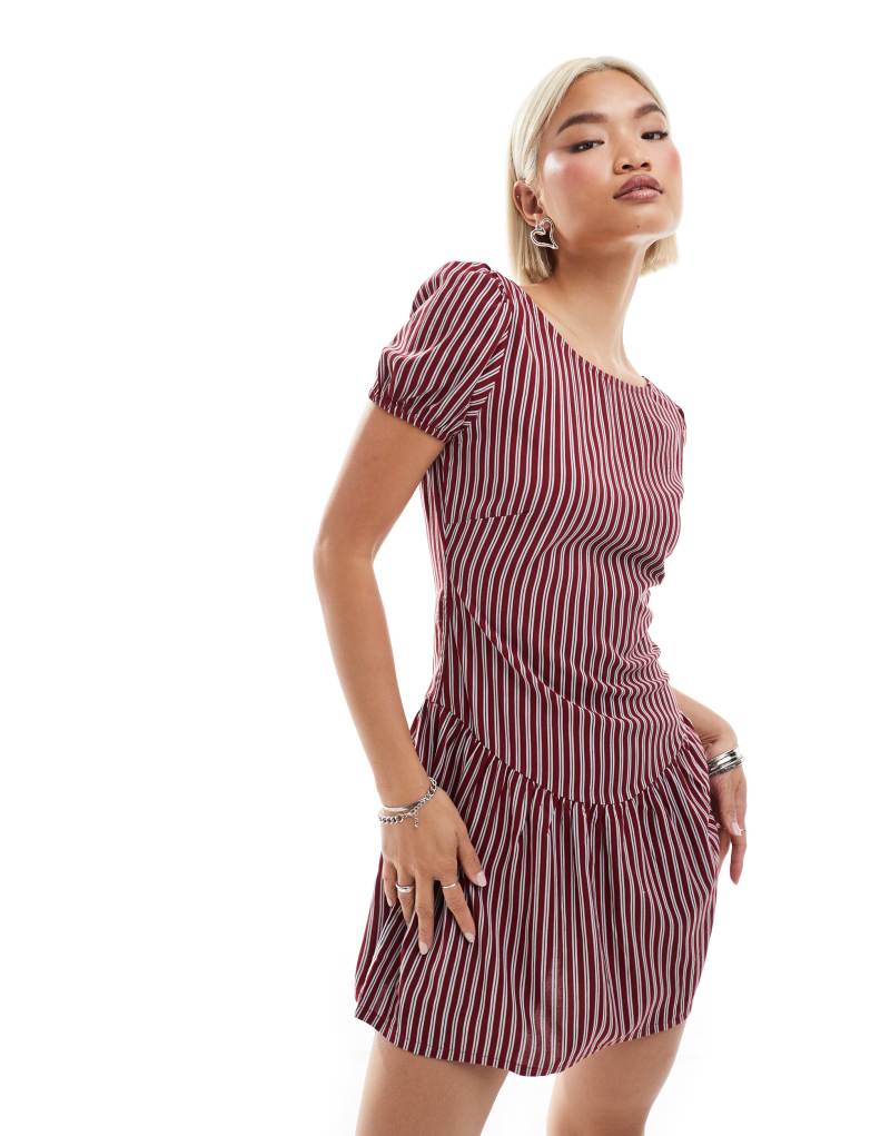 Motel Exclusive jemima puff sleeve striped mini dress in burgundy and blue Motel